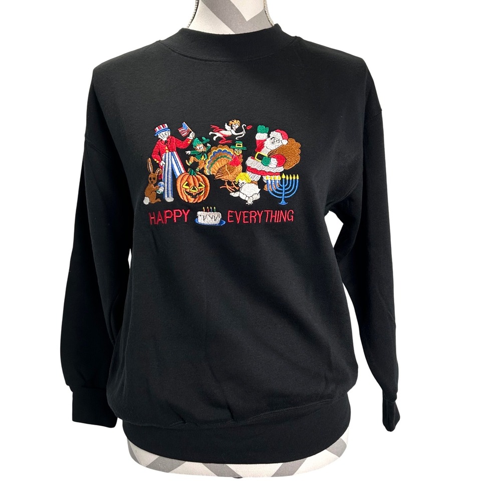 Vintage‎ Women's Medium Sweatshirt Black Happy Everything Holiday Embroidered